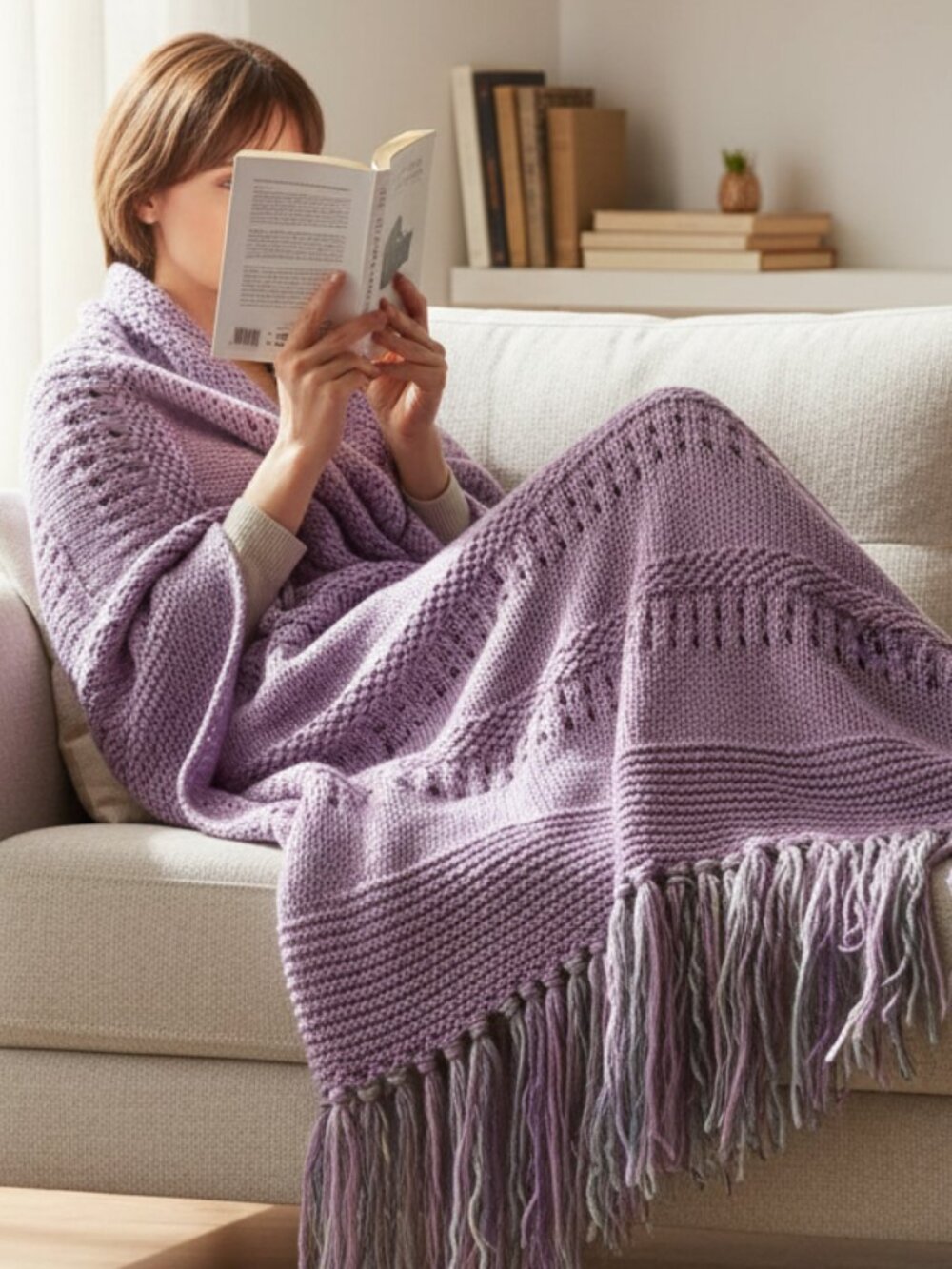 NEW Lavender Metallic Handmade Knitted Afghan Throw Hand Knit Gift Gifts Decor